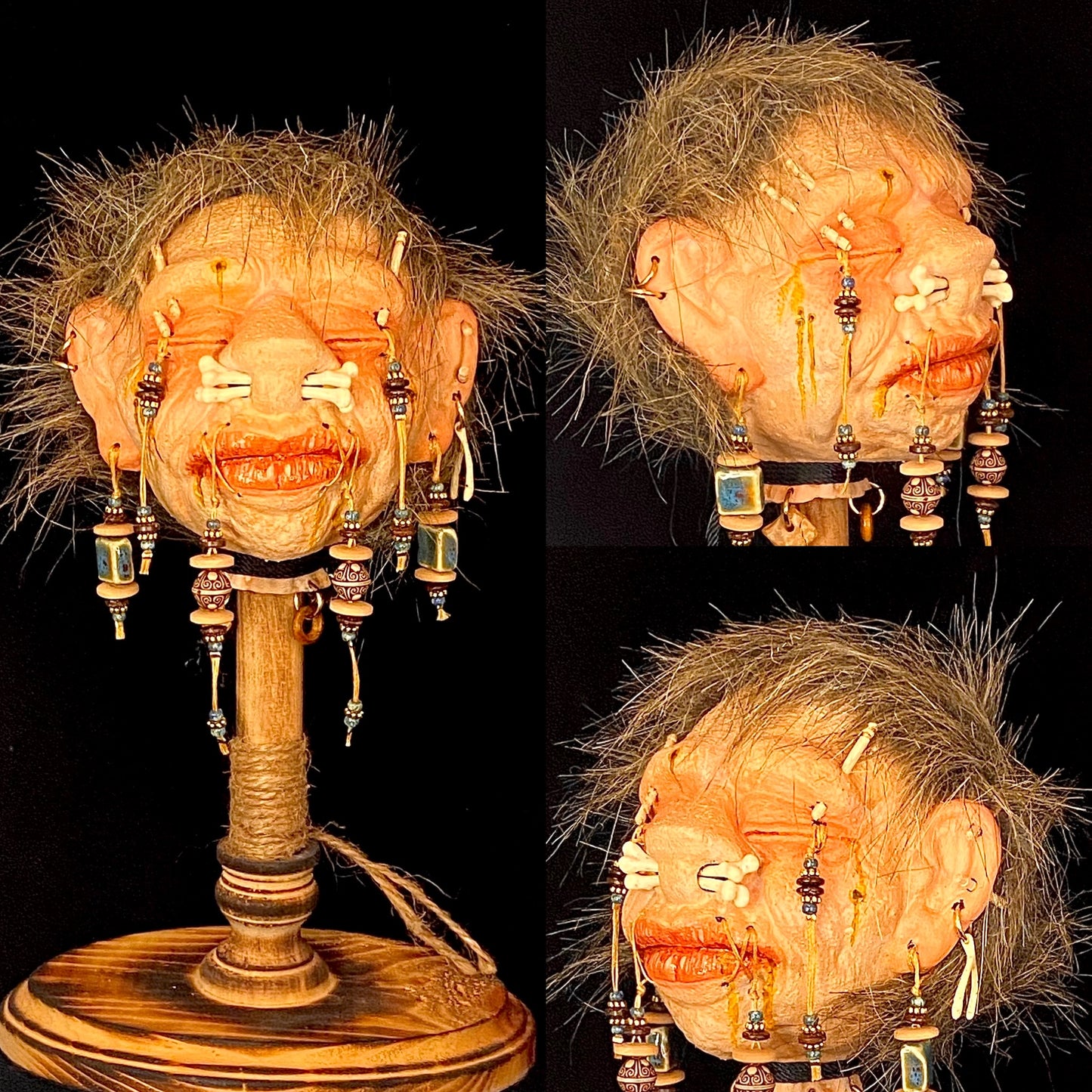 Double Bone Nose Shrunken Head on Stand